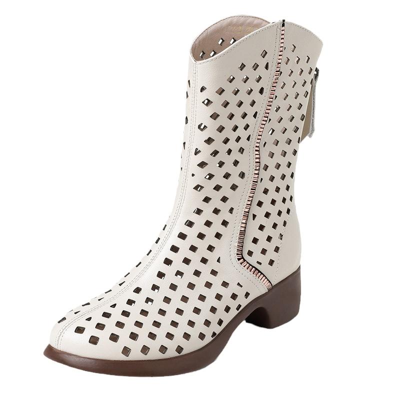 Fashion GKTINOO Women's Boots 2025 Summer Genuine Leather Woman Mid-Calf Boots Fashion Hollow Out Ladies Shoes Women Summer Boot Shoes