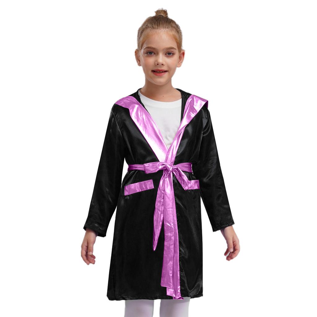 Kids Boys Boxing Robe Boxer Cosplay Costume Long Sleeve Metallic Trim Satin Hooded Cloak Kickboxing Gown for Halloween Party