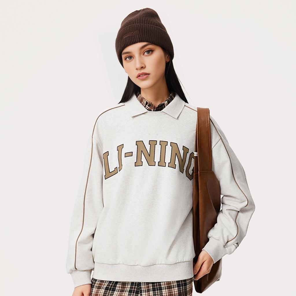 Li Ning Sports Lifestyle Series High Street American Vintage Letter Polo Neck Pullover Long Sleeve Sweatshirt Women sweatshirt AWDUD00-1