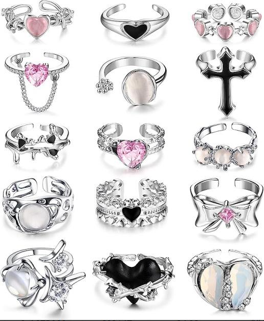 15Pcs Colorful Gemstone Open Ring Set for Women, Fashion Heart-Shaped Stackable Rings, Adjustable Midi Knuckle Rings