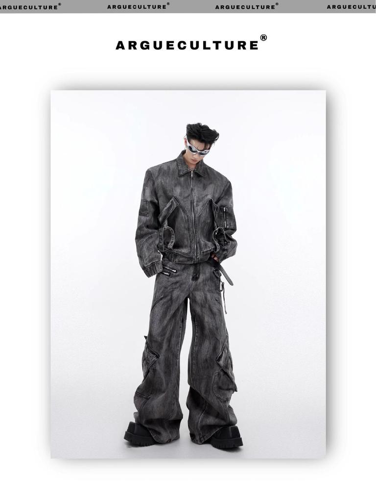 Retro Distressed Denim Wasteland Jacket with Heavy Zippers & Large Pockets – 2024 Trend