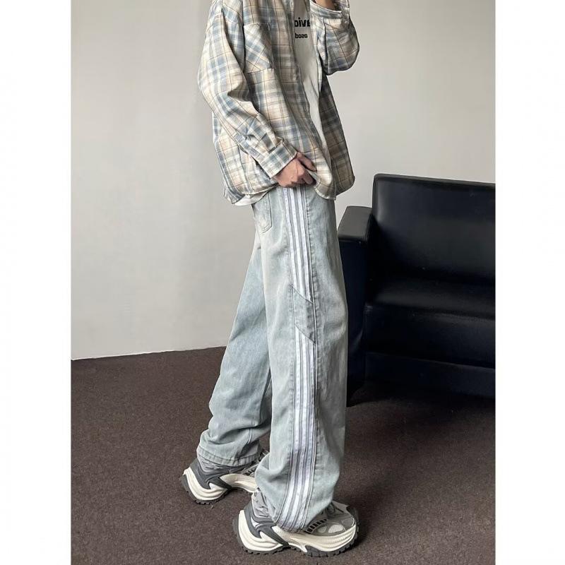 JYL Men s Straight Jeans Cross-Border Trendy American Stripe Vintage Denim S