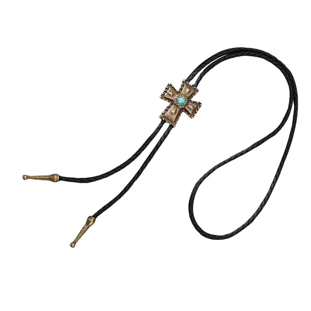 Vintage Faux Leather Cord Bolo Tie with Turquoises Crosses Pendant Adjustable Chain Necktie Necklace for Western Fashion