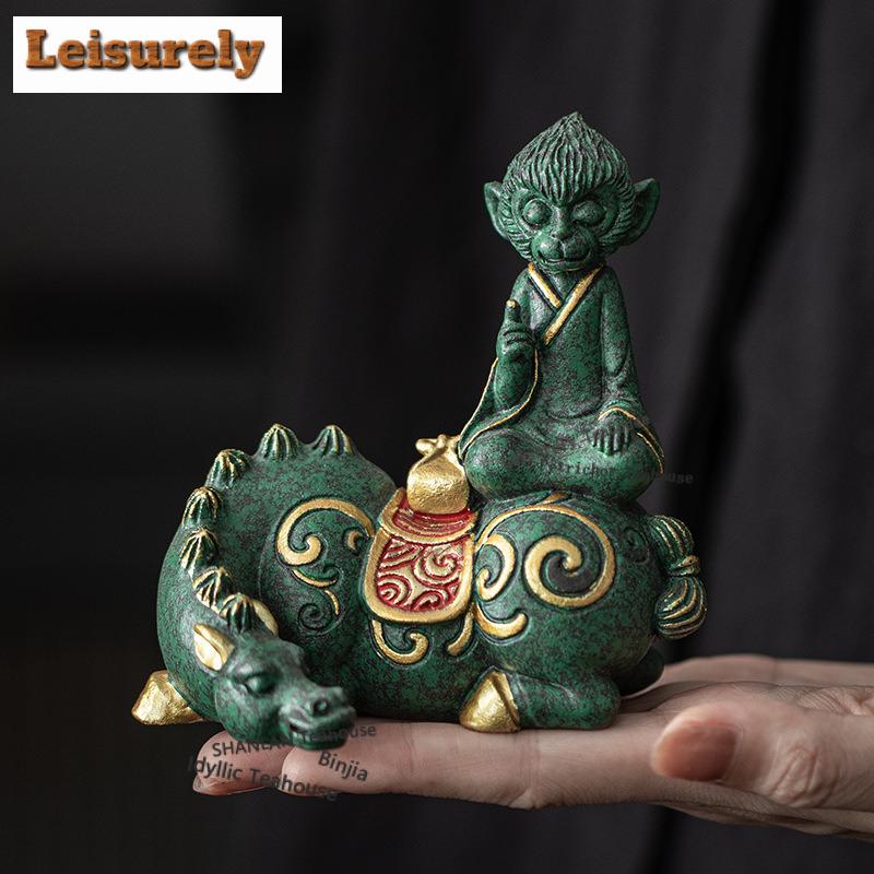 Green Sandstone Zodiac Horse Monkey Tea Pet Zen Lucky Model Tea Figurine Play Toys Tea Statue Ornaments Can Be Raised Tableware