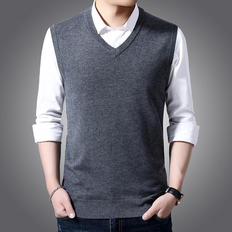 Pánská jednobarevná pletená vesta na jaro a podzim - Vlněná vesta do kanceláře