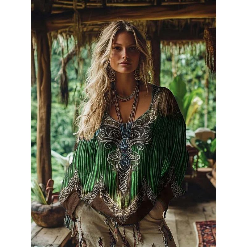 Women's Boho T-shirt Graphic Geometric Elegant Bohemia Vintage Long Sleeve V Neck Regular Tops Daily Weekend