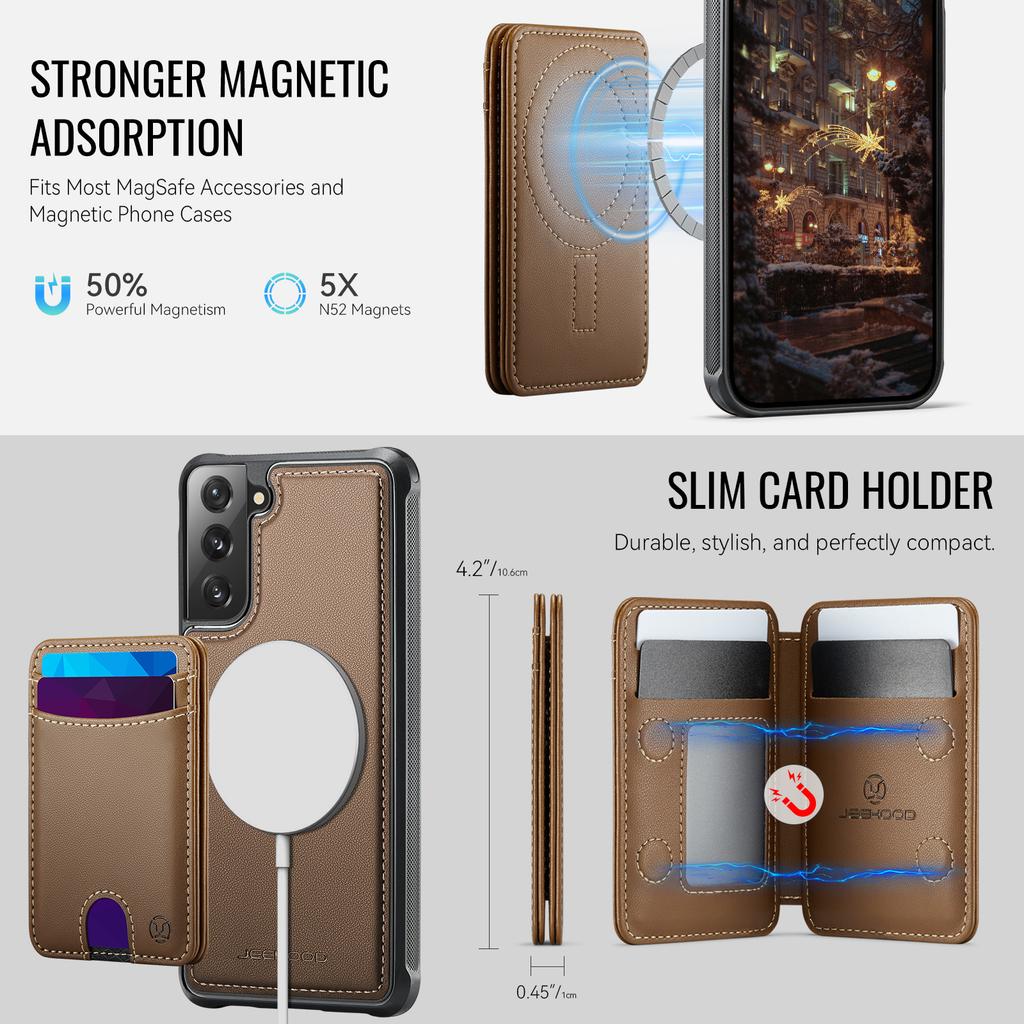 For Samsung Galaxy S22 5G Magnetic Case JEEHOOD J10 Leather Back Phone Cover with Detachable Card Holder Kickstand