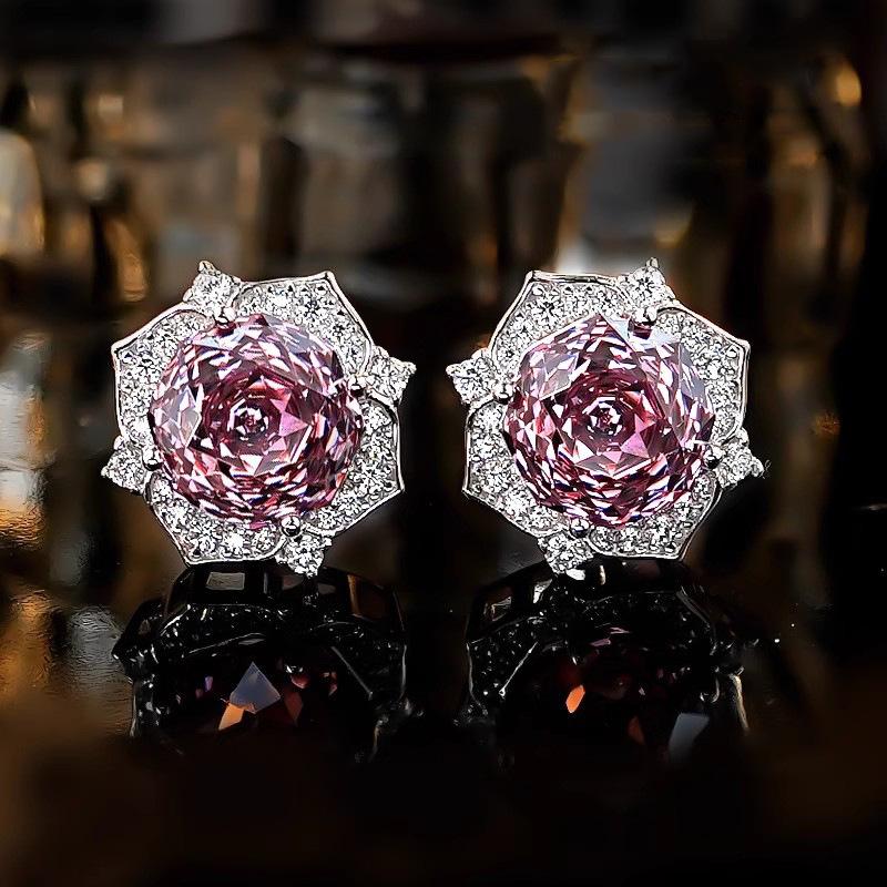 Octagonal Millennium Rose Cut Pink Diamond Flower Ring Elegant Temperament High Carbon Diamond Goose Yellow Stud Earrings Pendant
