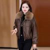 Women's Petite Loose Fit Leather Jacket Coat with Removable Large Fur Collar, Fleece-Lined, Short Style, Thickened, Winter 2025 New Arrival.