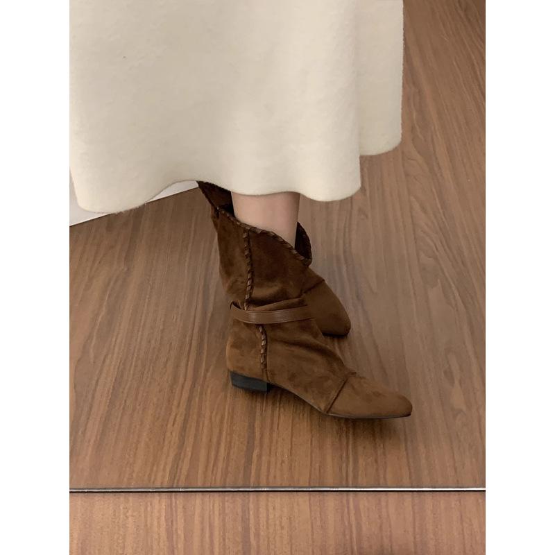 Retro pleated belt buckle pointed pile boots women's new inner height increase versatile comfortable western cowboy boots