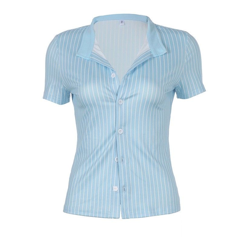 

C703Tp Blue and White Vertical Striped Polo Collar Buttoned Patchwork Short-Sleeve T-Shirt, Slim Fit, Enhances Curves, Versatile for Outerwear Blue C703Tp S