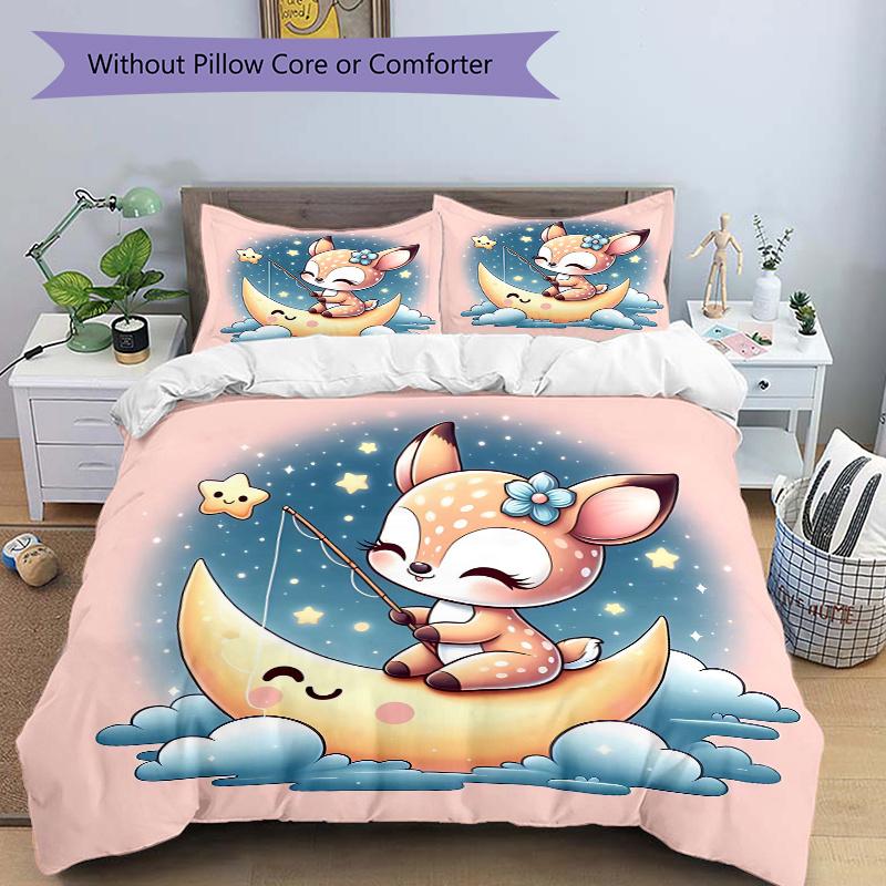 

3pcs Little Sika Deer & Moon Printed Bedding Set, Soft and Comfortable Quilt Cover for Bedroom, Guest Room (1 Duvet Cover + 2 Pillowcases, P 135cm*200cm