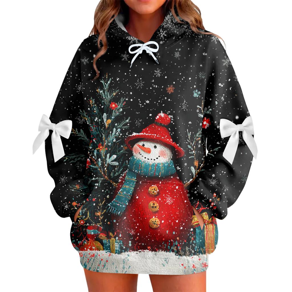 Ladies' Christmas Printed Bow Long Sleeved Loose Fitting Headband With Rope Hooded Sweatshirt Top
