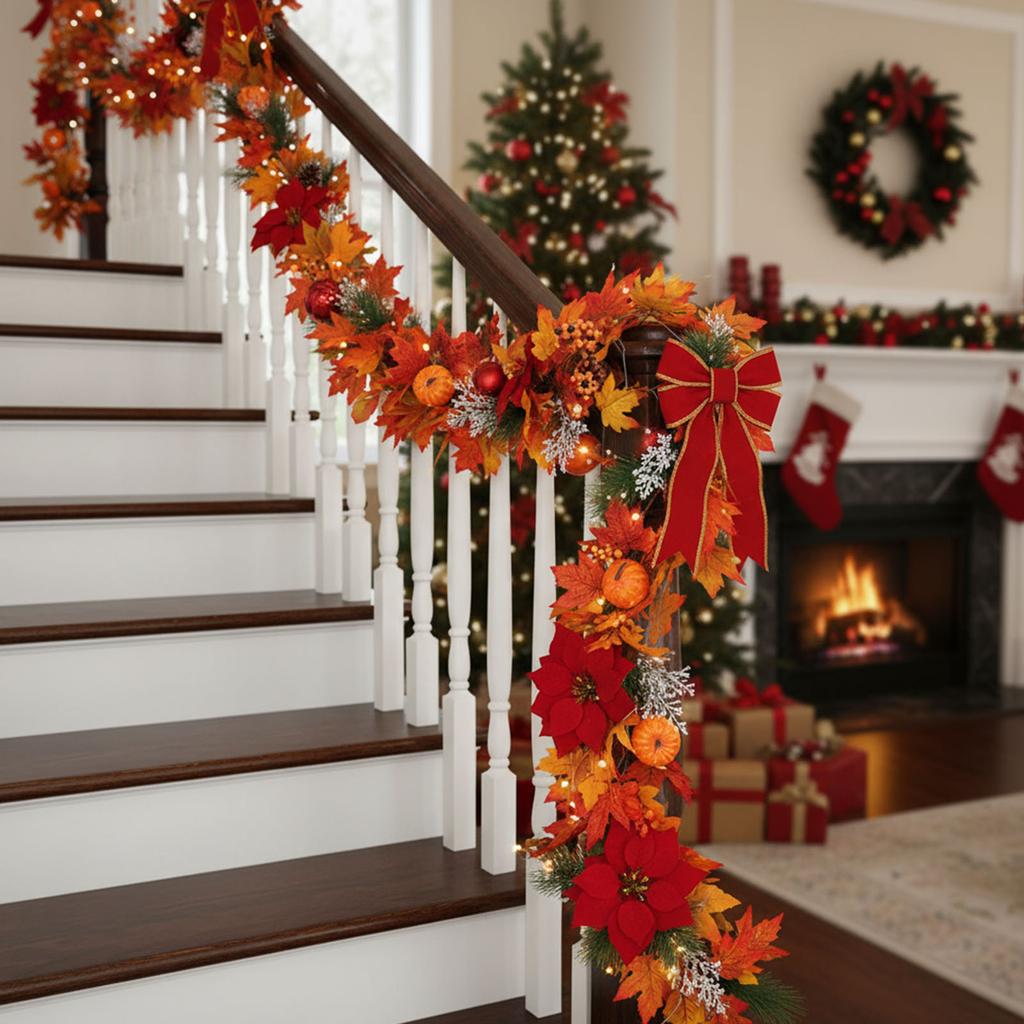 Maple Leaves Pumpkins Wreath Reusable Simulation Autumn Leaf Garland Artificial Autumn Foliage Garland Indoor Outdoor Fall Decor