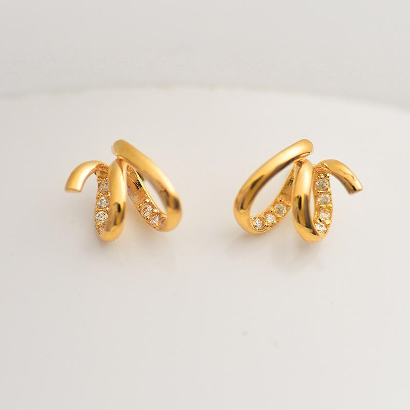 18K Gold Plated Sterling Silver Stud Earrings - Fashionable Twisted Rope Design with Diamond Inlay for Women 18K Gold Pair (with Earplugs)