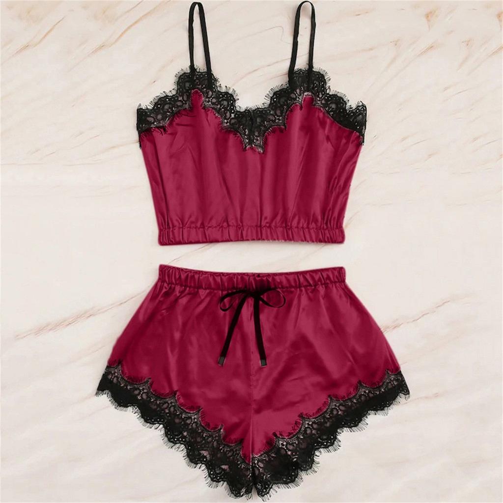 Damen Nachtwäsche Spitzenbesatz Nachtwäsche Satin Cami Pyjama Sets