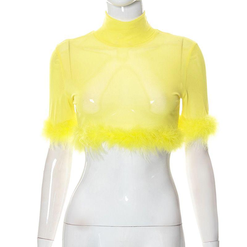 

Модный пуловер с коротким рукавом 2023 Осень Однотонный с круглым вырезом Сетчатый укороченный топ с коротким рукавом Набивной Повседневный Женский топ Yellow S