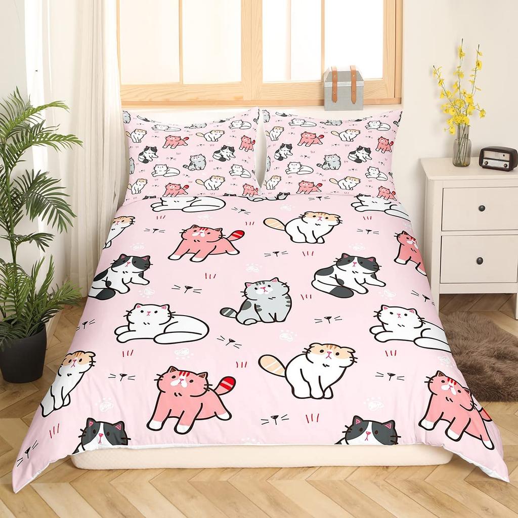 Cartoon Cat Duvet Cover Spaceship Outer Space Pet Animal Golden Line Cover for Kid Boys Girls Youth Gifts for Bedroom Decoration