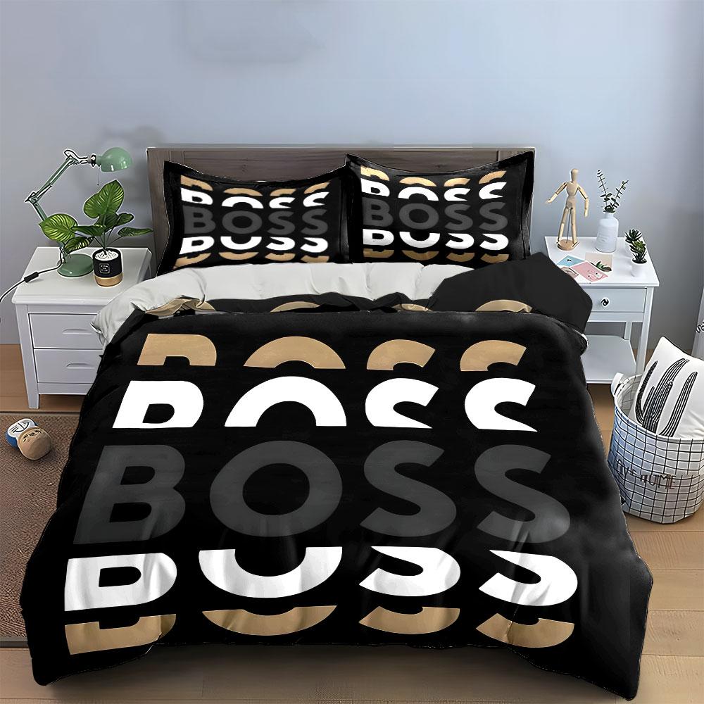 The pattern features "BOSS" text. Bedding sets Duvet cover sets Duvet covers Pillowcases(1 * Duvet Cover 2 * Pillowcases, without duvet insert)