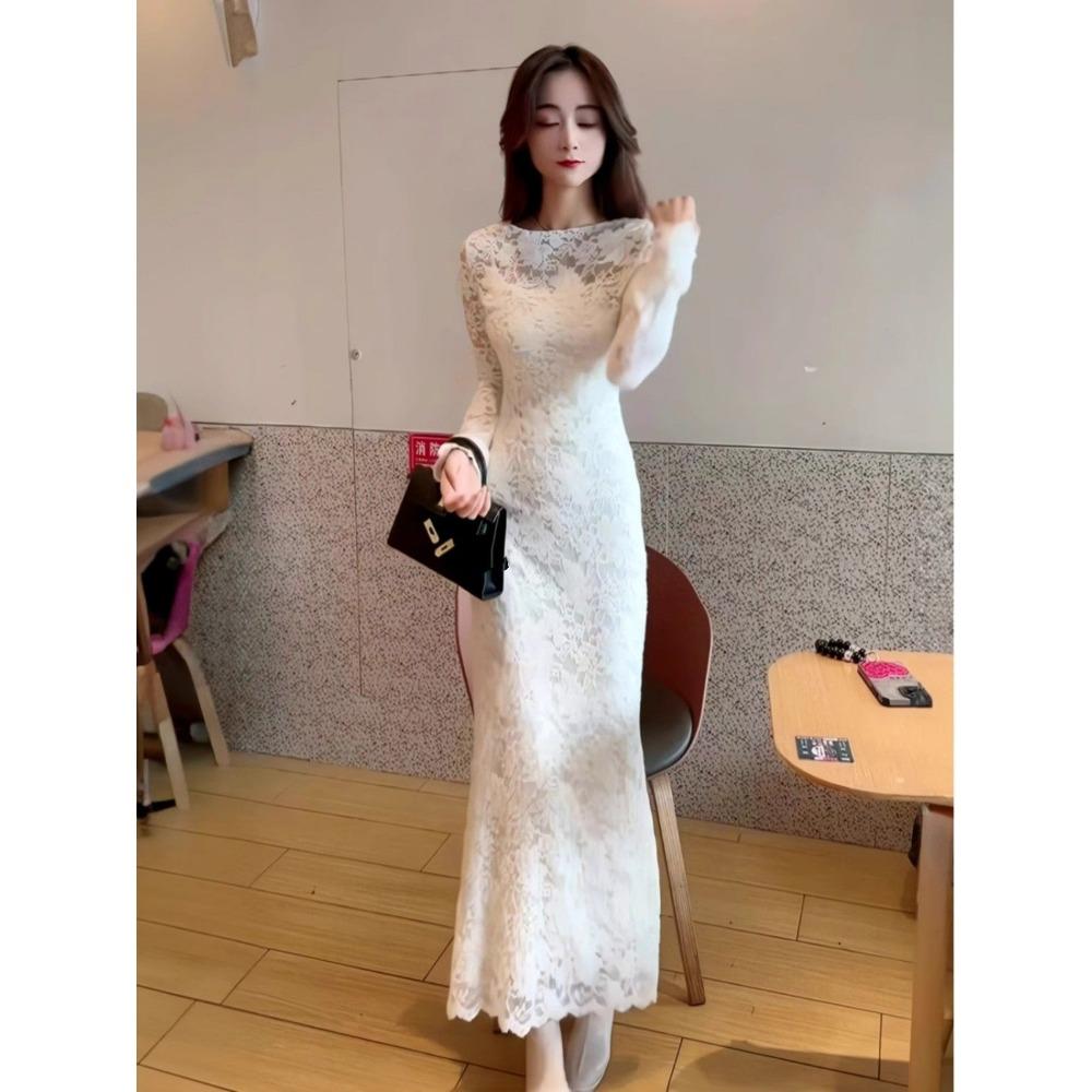 French Lace Long Sleeved Dress for Autumn Winter with a Slim Fit Waist Cinching Slimming Effect Fish Tail Wrapped Long Skirt