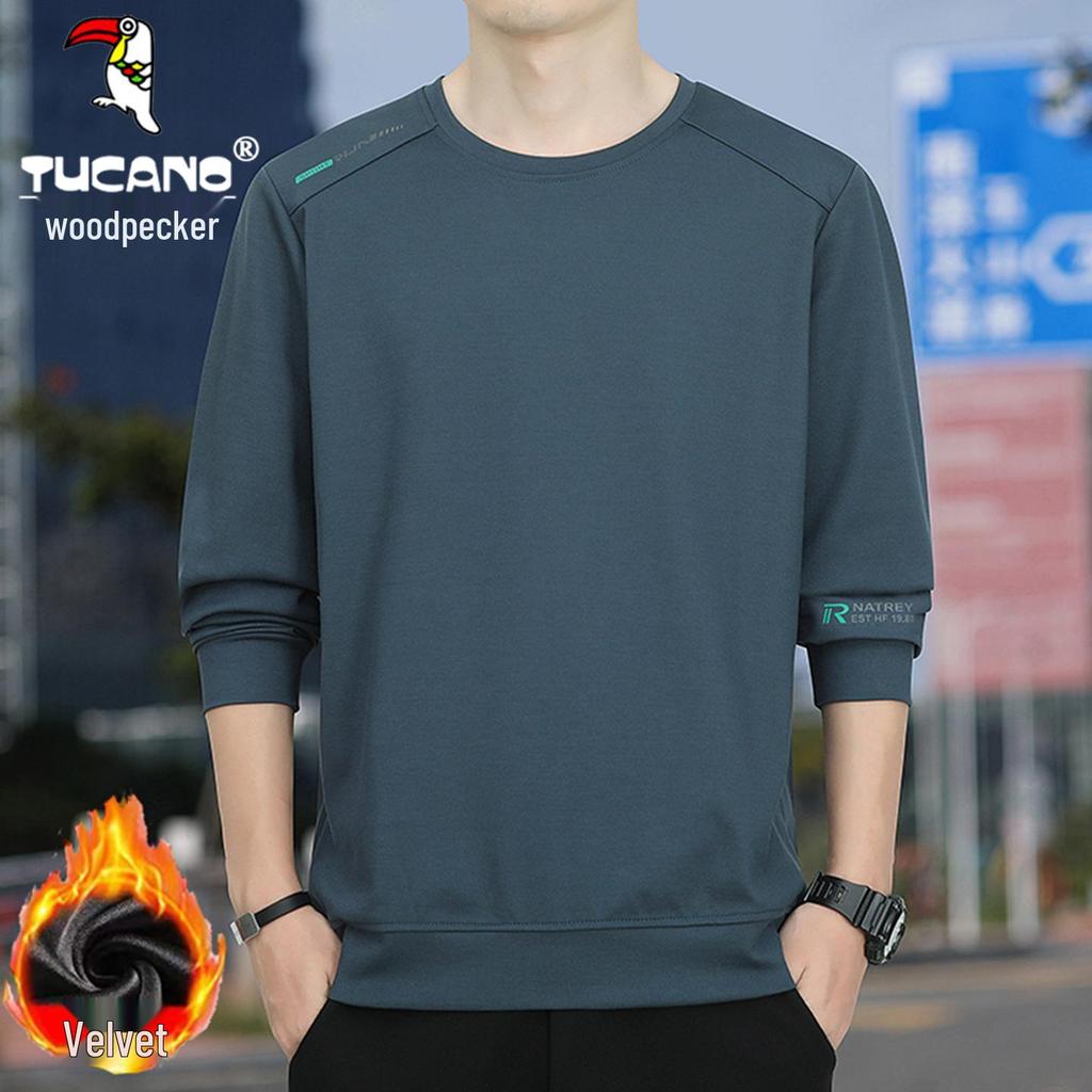 Woodpecker Men's 2025 Hoodie: Breathable Plus Velvet Round Neck Pullover, Long Sleeve, Spring/Autumn Style