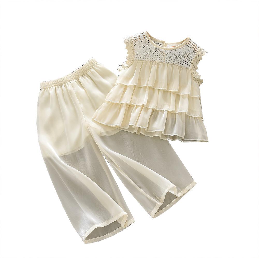 Girls Summer Lace Tank Top And Wide Leg Pants Set Kids Fashionable Two Piece Outfit For Baby