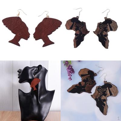 2 Pairs Lady Figure African Map Big Dangle Earrings Wooden