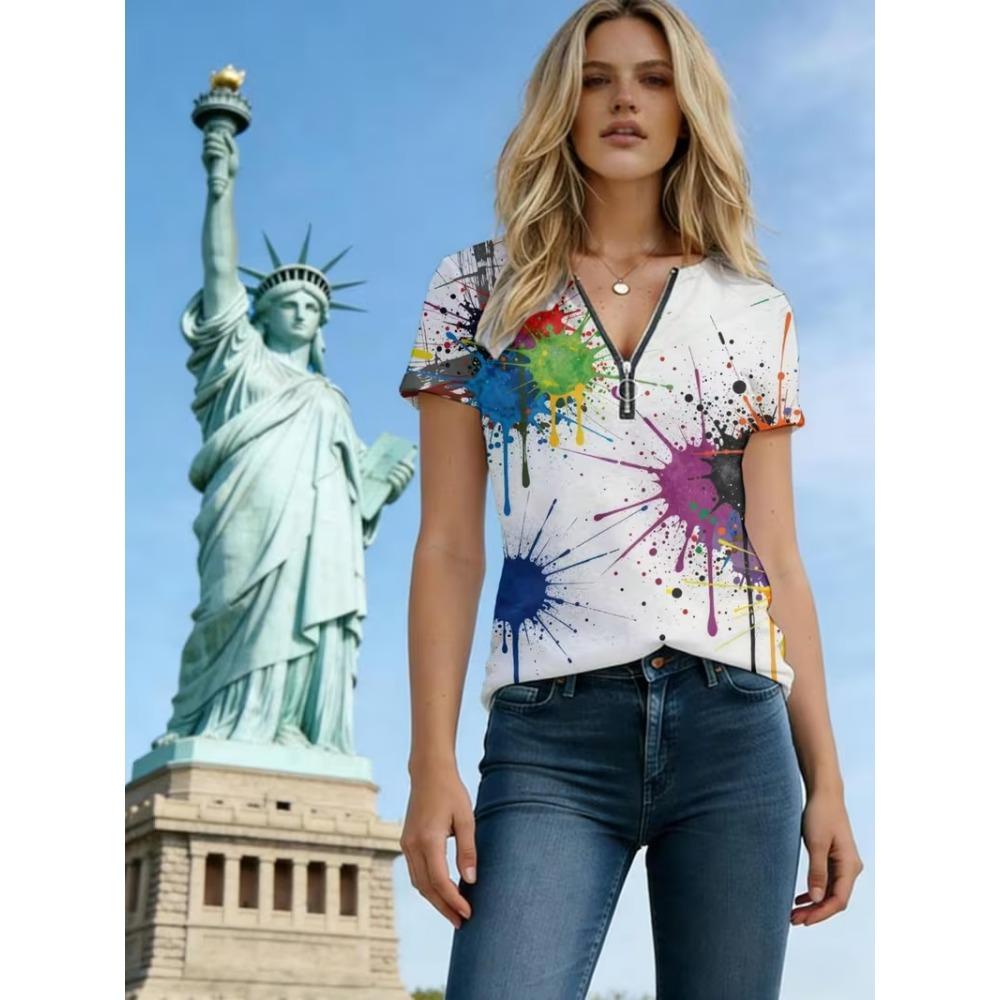 

Fashionable and Elegant Zipper V-neck Color Blocked Printed T-shirt, Plus Size Women s Short Sleeved Summer Loose T-shirt L