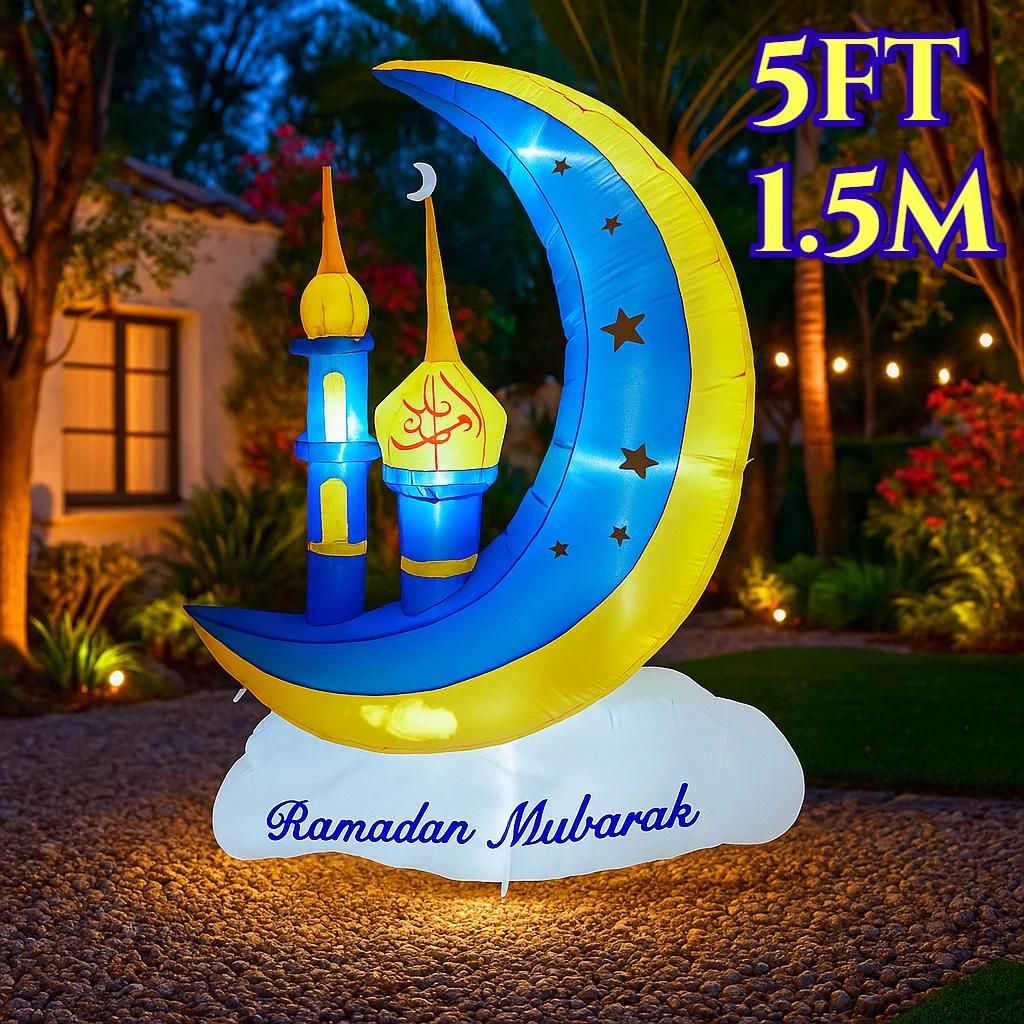 

5FT/1.5M Party Holiday Decoration Middle East Ramadan Blue Yellow Moon Castle with LED Light Eid Mubarak Diy Inflatable Model US Plug