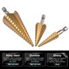 Chiloskit 3 Pcs Large HSS Step Drill Bit Set - Titanium Coated,High Speed Steel Drill Cone Bits,3-Piece, 4-12/20/32mm