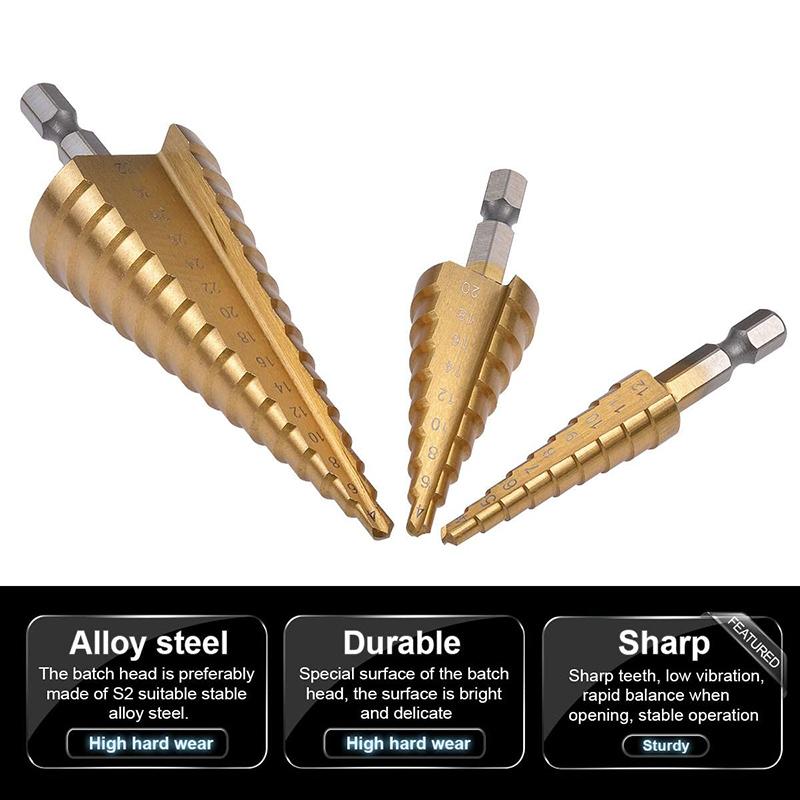 Chiloskit 3 Pcs Large HSS Step Drill Bit Set - Titanium Coated,High Speed Steel Drill Cone Bits,3-Piece, 4-12/20/32mm