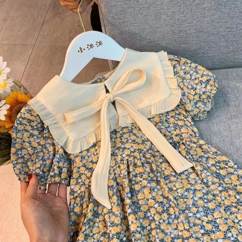 Girls Floral Dress Summer Lapel Western Style Little Girl Princess Dress