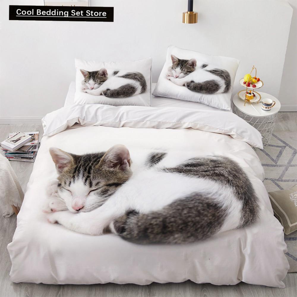 

3D Cat King Queen Пододеяльник Прекрасный серый белый комплект постельного белья для котят для детей подростков взрослых шотландская вислоухая мягкая наволочка из 2/3 предметов AU King(245x210cm)