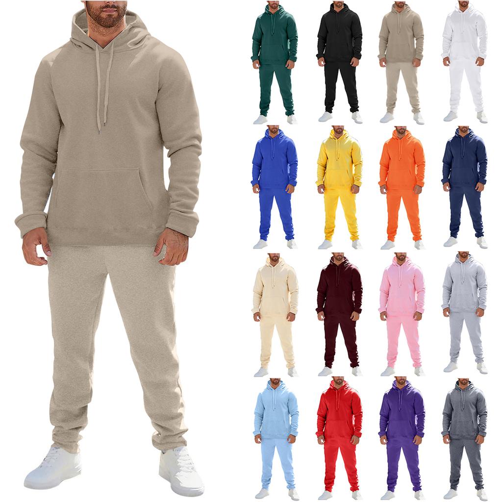 Men's And Women's Solid-color Casual Set. Men's Long-sleeved Hooded, Fleece And Thickened Sweatshirt And Pants Two-piece Set