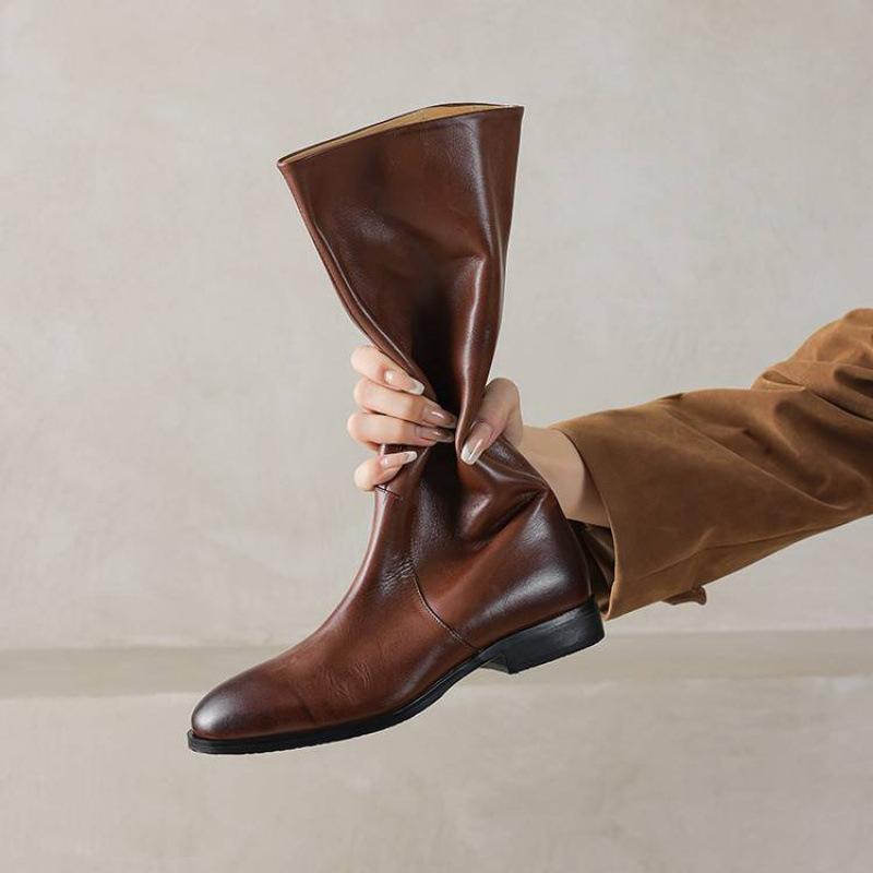 Autumn and winter women's leather knight boots middle heel square heel large size cowhide women's boots sleeve new versatile high boots women