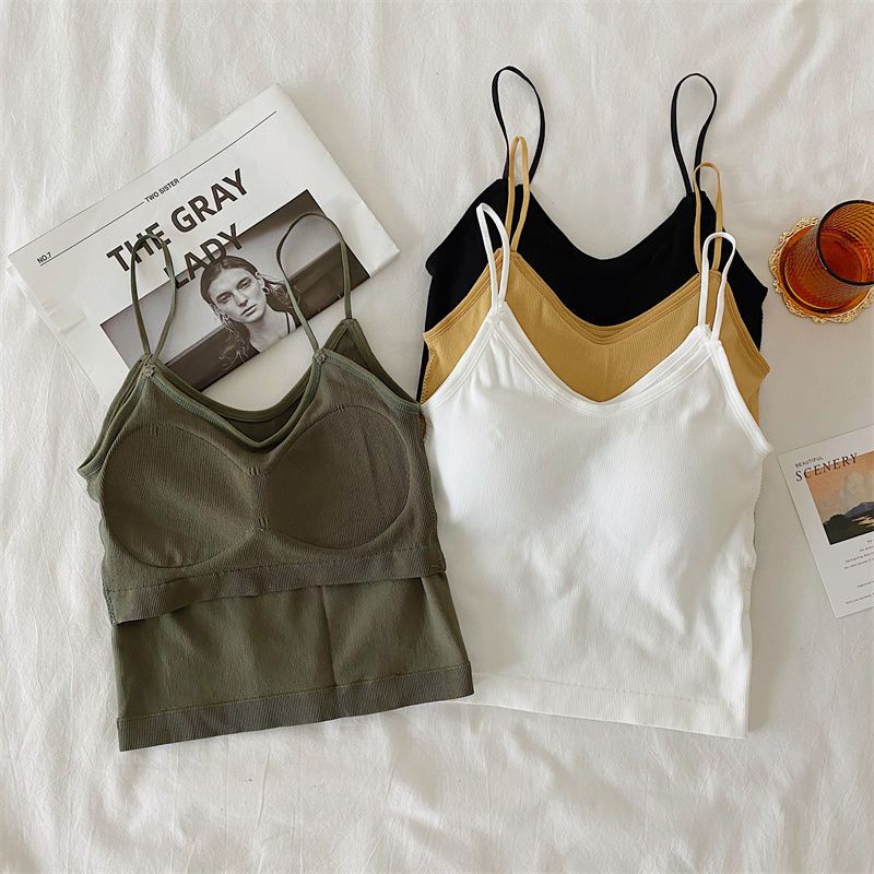 V-neck Suspender Top Women's Chest Pad Solid Color with Short Sleeveless Halter Sexy Tank Top