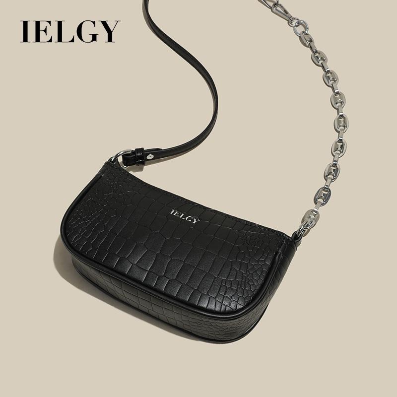 IELGY Elegant Women's Top-handle Bag With Chain Decoration And Crocodile Pattern - Black/White