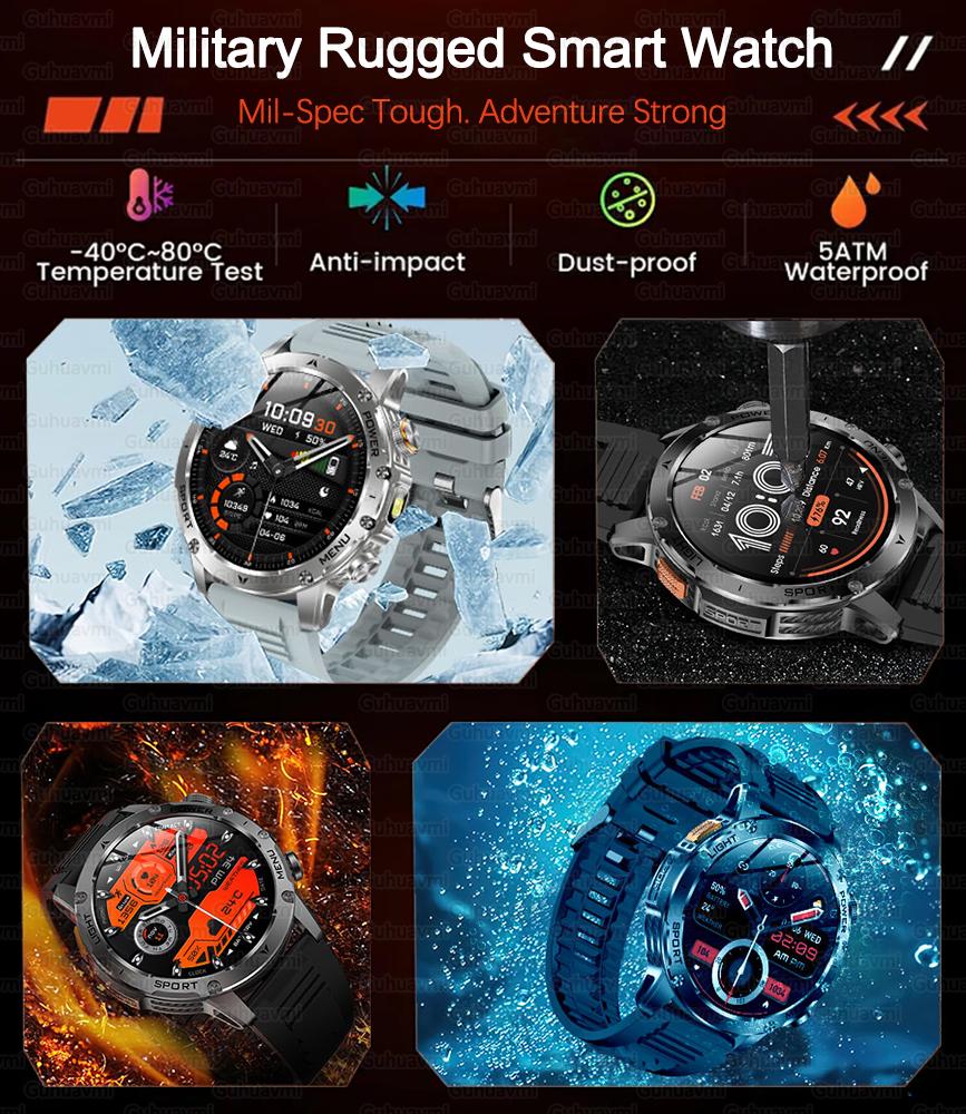 New Military Sports Smart Watch 1000mAh Battery 5ATM Waterproof LED Flashlight Fitness trackr Smartwatch Men
