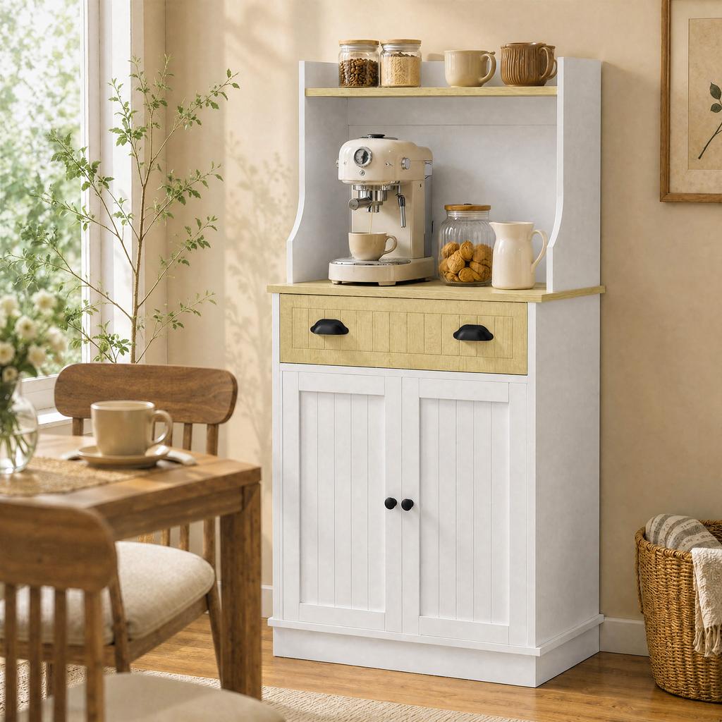 Microwave Cabinet, Open Space, 1 Drawer, 2-Door Cupboard, 61 x 35 x 125.4 cm, Oak