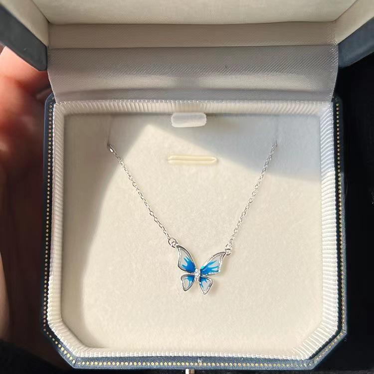 Gradient Blue Enamel Butterfly Necklace - French High-End Clavicle Chain for Women