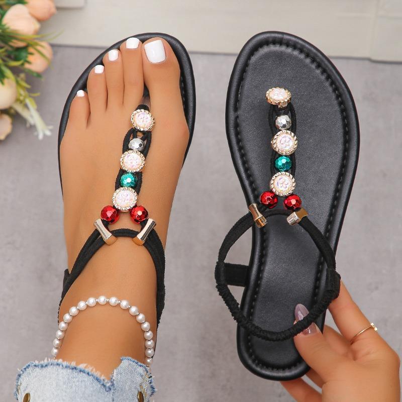 Fashion Summer New Pinch Toe Rhinestone Low Heeled Sandals for Women Beach Shoes Retro Boho Beaded Slip-On Comfort Sandalias Mujer