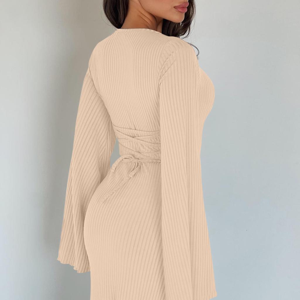 Women's Elegant Tie-Waist Knitted Dress Horn Sleeve Maxi Dress For Women U Neck Solid Color Long Dress Ribbed Bodycon Fall Dress