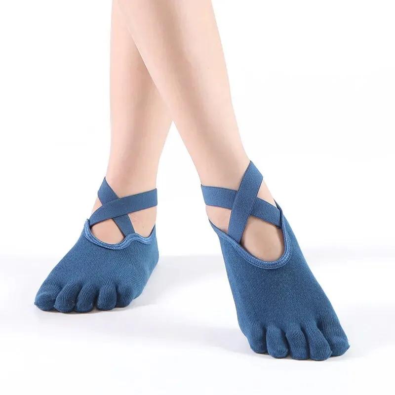 Women Breathable Yoga Socks Five Toe Silicone Non-Slip Bandage Pilates Socks Ladies Ballet Dance Fitness Workout Cotton Socks