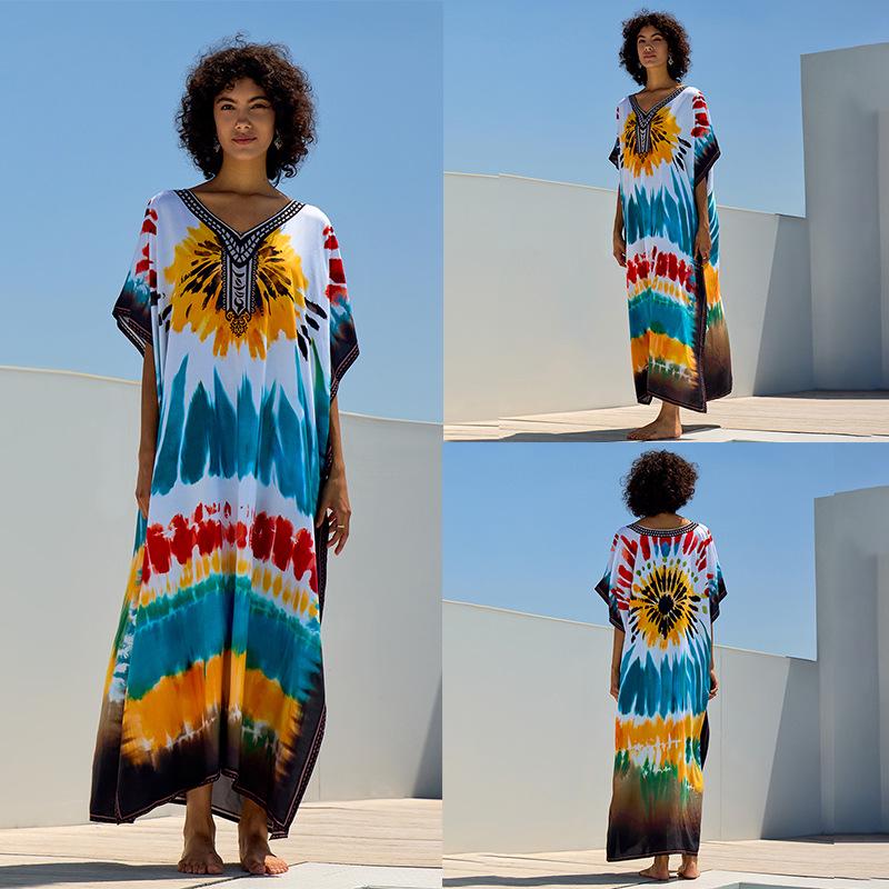 European & American Cotton Print Beach Cover-Up Long Dress - Plus Size Swimsuit Sunscreen Robe