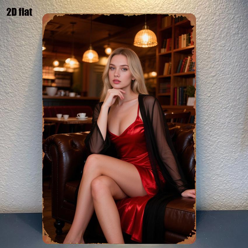 D Flat Style Metal Sign Elegant Blonde Woman Red Silk Dress Black Sheer Robe Cafe Lounge Vintage Wall Art Plaque