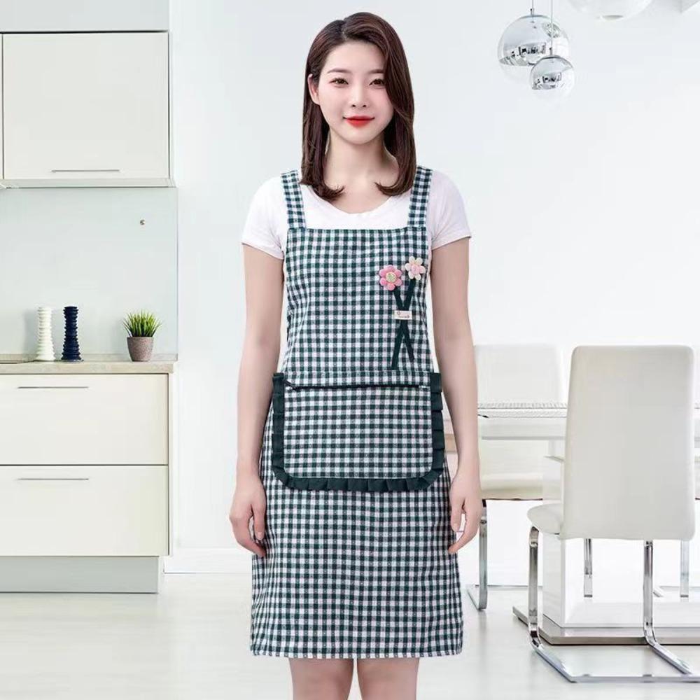Household Plaid Women Apron Cotton Overalls Oil-proof Chef Aprons Large Pocket Cooking Apron Home Cooking