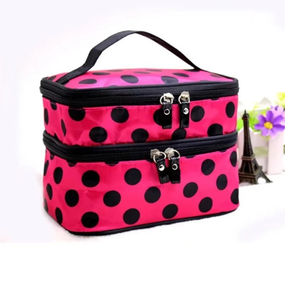 Fashion Double-layer Makeup Bag Large Capacity Polka Dots Travel Makeup Case Portable Travel Toiletries Organizer