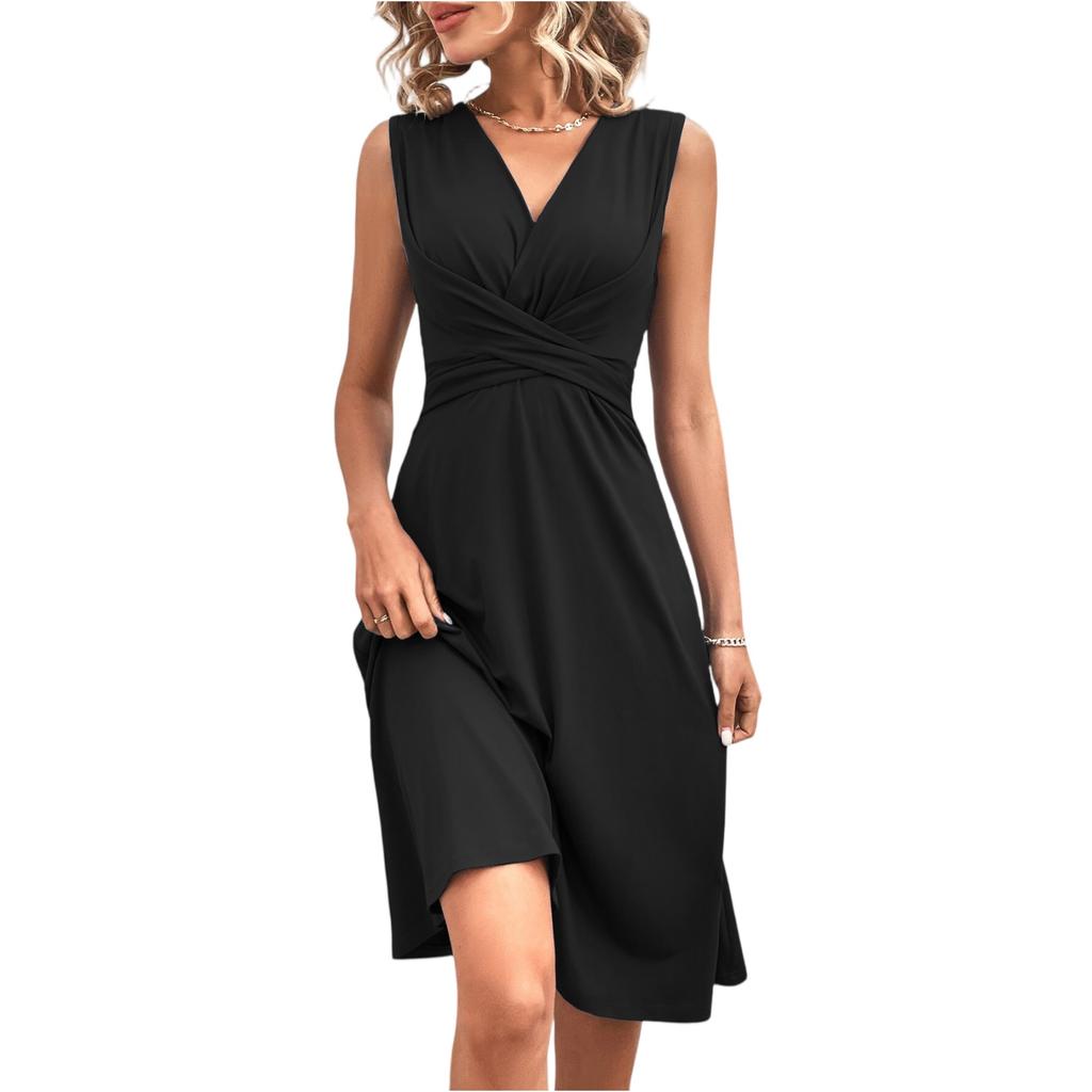 Robe sans manches à col en V longueur genou avec taille froncée et coupe évasée pour femme Vêtements décontractés