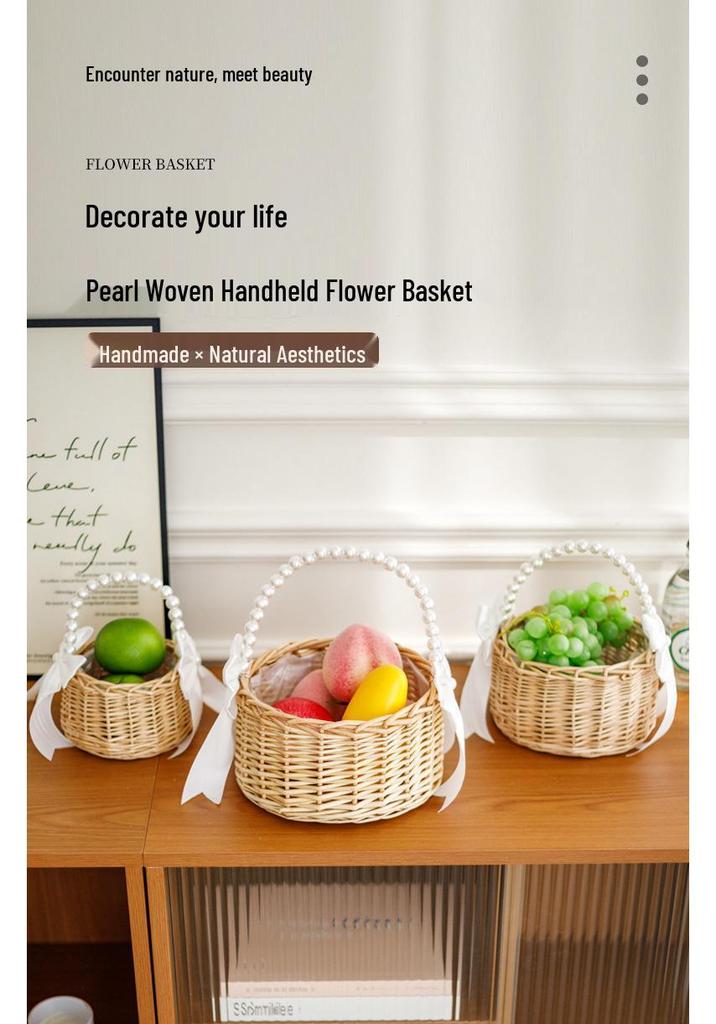 Elegant Pearl Handle Woven Flower Basket for Weddings and Events