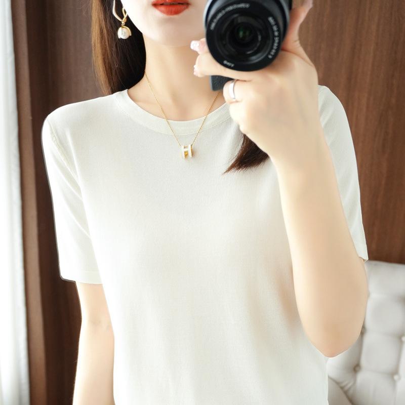 

Трикотажная футболка с круглым вырезом из ледяного шелка, с короткими рукавами, летняя, свободного кроя, с рукавами до локтя, тонкая, однотонная, универсальная, с темпераментным верхом S